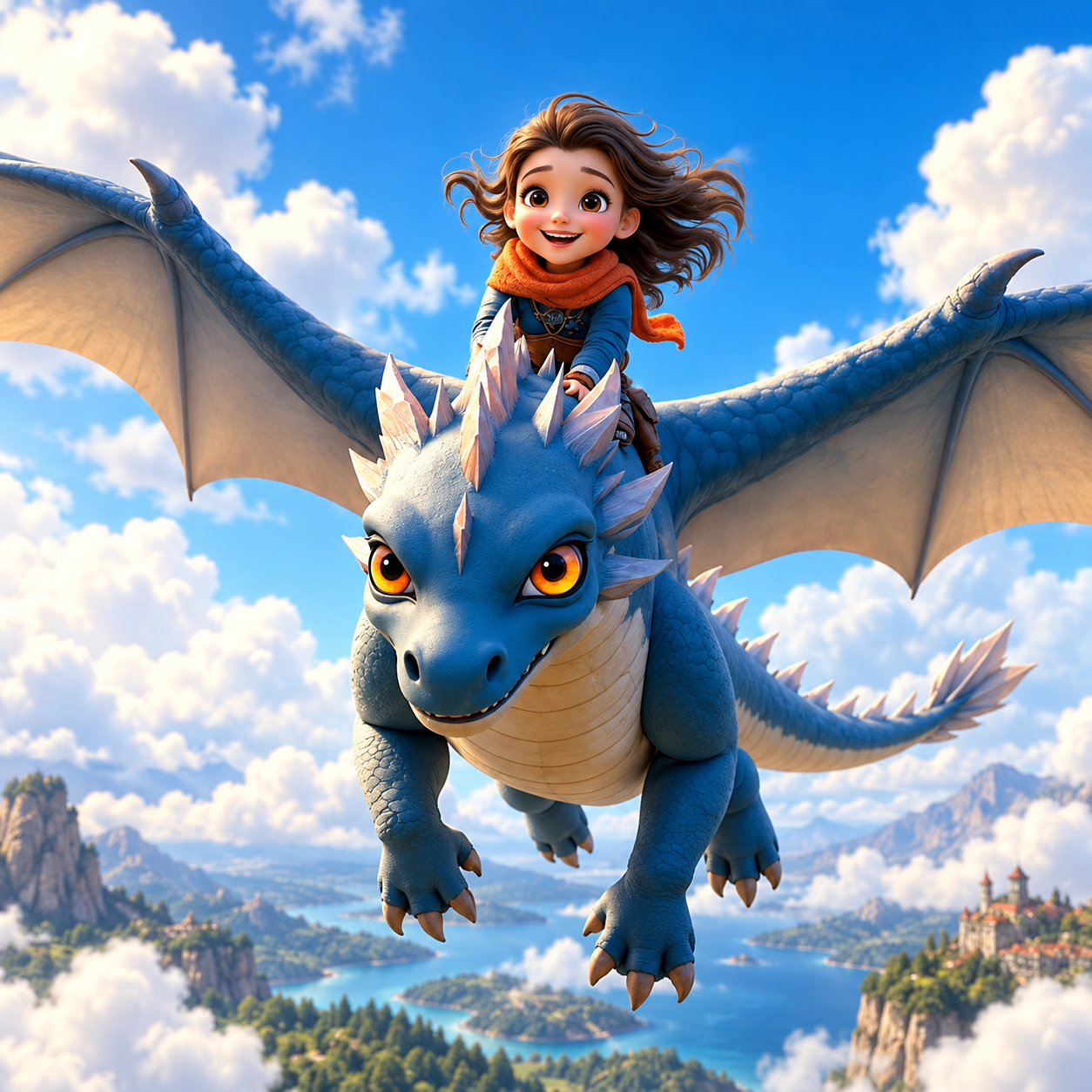 Une enfant chevauchant un dragon bleu au-dessus des nuages, style animation 3D, généré avec Klapix